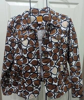 Vintage Ruby Rd Brown and White Geometric Jean Jacket Size 10 - Image 1 of 4