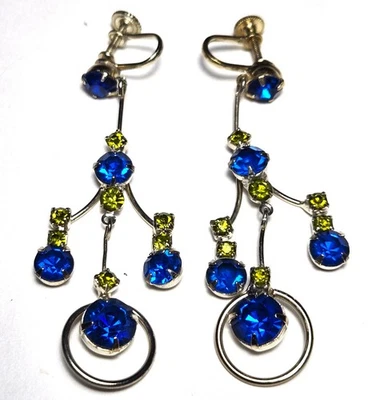 Vintage Blue & Yellow Czech Glass Dangling Circle Chandelier Screw Back Earrings - Image 1 of 4