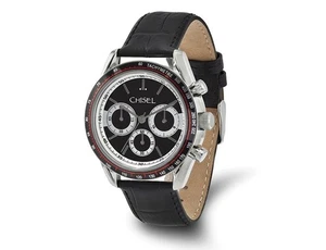 Chisel Stainless Steel Black Dial Chronograph Watch with Leather Strap - Picture 1 of 5