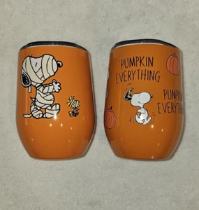 2 Snoopy Halloween Insulated Travel Tumblers w Lids New Woodstock Mummy Pumpkins - Picture 1 of 4