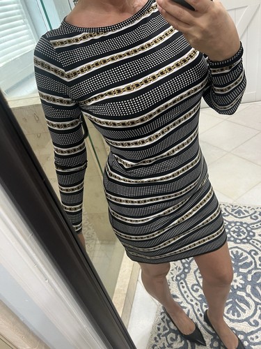 Abito Michael Kors New Jersey Nero Bianco Stampa Oro Xs Lungo Equitazione