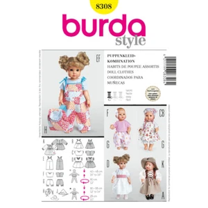 BURDA 8308 DOLLS CLOTHES Sewing Pattern 29cm 12"-14" 16"-18" Doll Skill: EASY - Picture 1 of 2