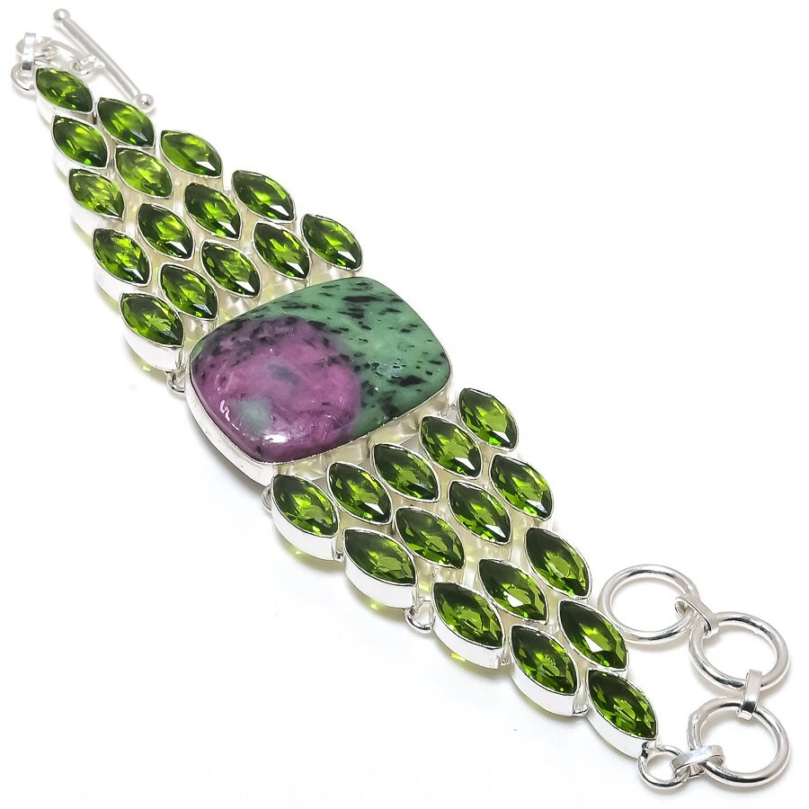 Ruby Zoisite Peridot Quartz Gemstone Silver Plated Bracelet Jewelry 7-9" - Image 1 of 1