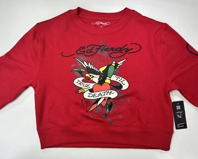 Ed Hardy Mujer Pequeña Recortada Cuello Redondo Sudadera Roja True Til Death NUEVA Foto 1 de 4