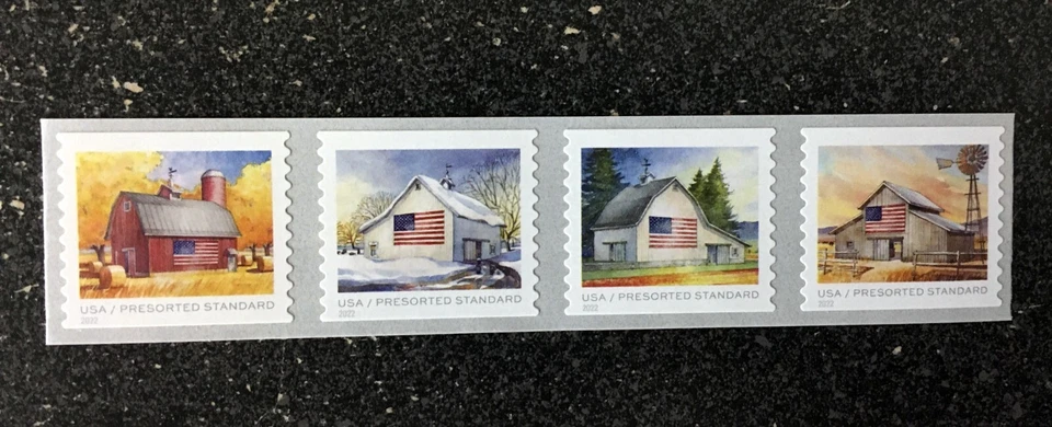 2022USA #5684-5687a 10c Flags on Barns - Presorted Standard - Coil Strip of 4 - Image 1 of 1