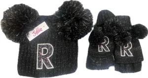 Justice for Girls Black Hat & Mitten Set Initial "R"~Onesize~NWT~Christmas - Picture 1 of 3