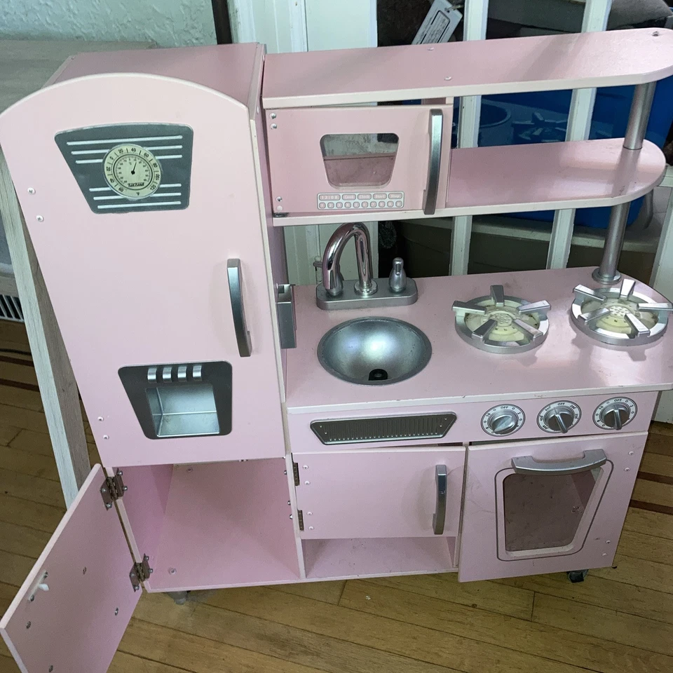 kidkraft-Vintage Play Kitchen - Pink w/ Stainless Steel Fixtures&Ice Maker |3998 - Image 1 of 4