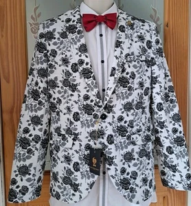 NOOSE & MONKEY MENS WHITE BLACK FLORAL SUIT JACKET BLAZER 38R SLIM FIT + BOW TIE - Picture 1 of 18