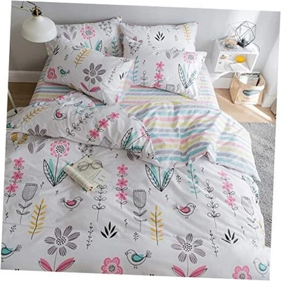  Fundas nórdicas con estampado floral de pájaros para niñas Queen blancas completas/Queen Kawaii Foto 1 de 4