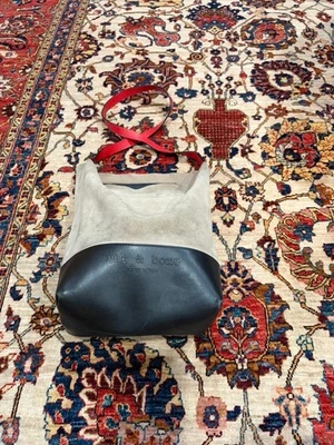 Rag & Bone Field Suede Leather Tote Bag Gray Black Red Strap Large Carryall - Image 1 of 4