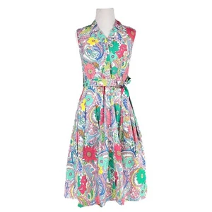 TALBOTS NWOT Floral Paisley Poplin Belted Fit & Flare Dress Ruffle Collar Size 2 - Picture 1 of 9