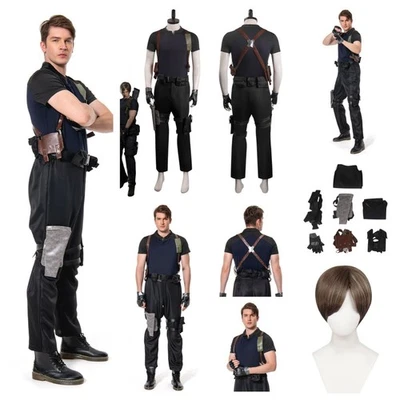 Leon Scott Kennedy Cosplay Costume Halloween Black Leather unniform+Wig fullset - Image 1 of 4