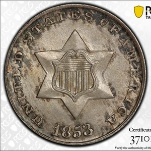 1853 Three Cent Silver — PCGS MS65 Toned 🌈 - Picture 1 of 4