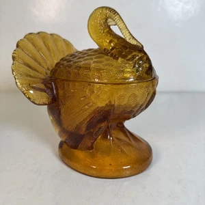 LE Smith Amber Thanksgiving Turkey Covered Candy Dish, 1990s Vintage  7 inches - Picture 1 of 6