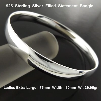 Silver Bangle 925 Sterling Filled Solid 10mm Bracelet Ladies Extra Large 75mm - Image 1 of 3