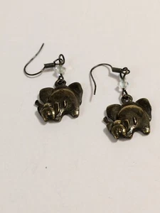 Brass Elephant Mother & Child Backwards Facing Hook Earrings 1". Some Verdigris. - Picture 1 of 20
