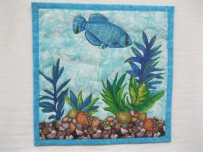 Handmade Quilted wall hanging, Appliqued,  fish, sea, lake, 12" x 12" - Image 1 of 2