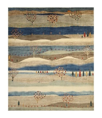 8 x 10 футов серый синий дерево пейзаж Gabbeh племенной афганский вручную завязанный шерстяной ковер - Изображение 1 из 4