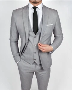 MAGE MALE Mens 3 Pcs Suit Elegant Solid One Button Single Breasted Silver Grey L - Picture 1 of 3