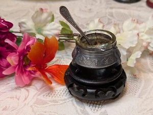 Russian Antique Glass Salt Cellar Caviar Server 810 Silver W/ Spoon & Wood Base - Picture 1 of 8