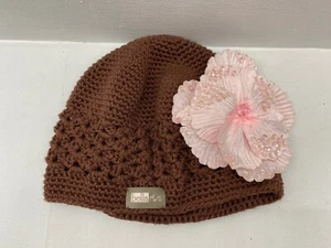 Baby Kids Child Brown Knit Beanie With Pink Bow With Decorative Beads - Picture 1 of 3