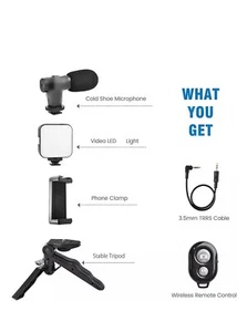 VLOGGING KIT FOR VIDEO MAKING WITH MIC MINI TRIPOD STAND, LED LIGHT & PHONE HOLD - Picture 1 of 11