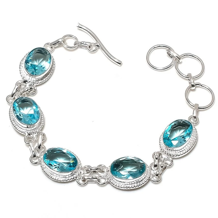 Aqua Aquamarine Gemstone Handmade 925 Sterling Silver Jewelry Bracelet Size 7-8 - Image 1 of 1