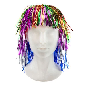 SPARKLY TINSEL FOIL WIG MULTICOLOUR 70'S 80'S DISCO RETRO FANCY DRESS COSTUME - Picture 1 of 7