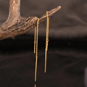 18k Gold Plated Long Round Link Chain Ear Threader 925 Sterling Silver Earrings - Picture 1 of 7
