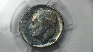 Moneda de diez centavos Roosevelt 1958 arco iris tonificación púrpura graduación profesional MS 66 elección sin circular - Imagen 1 de 14
