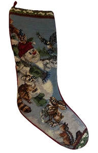 Vintage SNOWMAN & Friends 20” Needlepoint Christmas STOCKING w/Red Velveteen - Picture 1 of 5