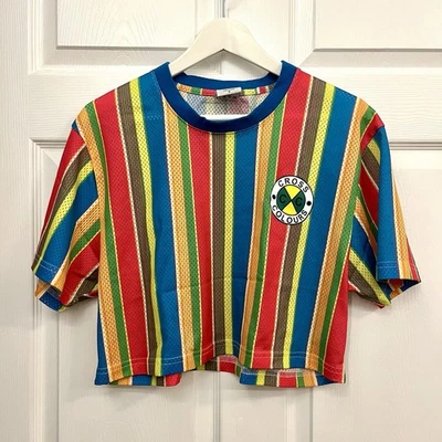 Rare Vintage 90s Cross Colours Bright Stripe Cropped Jersey Shirt Size S - Image 1 of 4