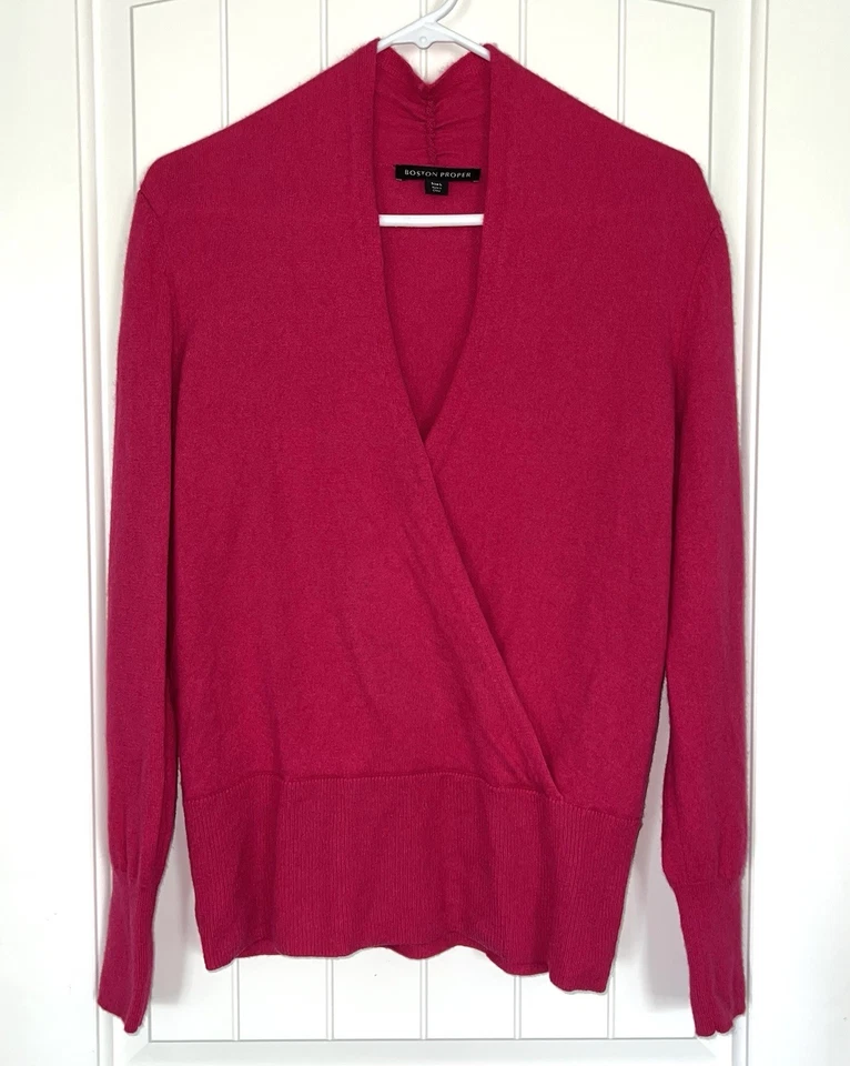 Suéter Boston Proper 100% Cachemira Rosa Fucsia Imitación Envoltura Cuello en V Grande L Foto 1 de 4