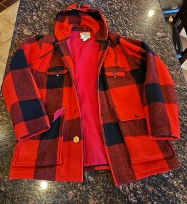 VINTAGE Johnson Woolen Mills Jacket Men 42 Red Wool Buffalo Plaid, Lined -READ - Image 1 of 4