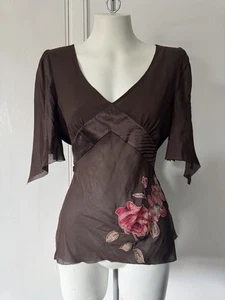 Coast Brown 100% Silk Sheer Blouse With Embroidery And Tie Waist - Picture 1 of 10
