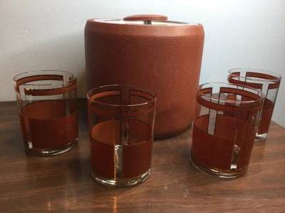 Juego de 4 vasos y cubo de hielo de piel de serpiente GEORGES BRIARD de los años 50 RARO 22K Foto 1 de 4