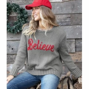 Wooden Ships Womens Sz M / L Believe Chunky Sweater Christmas Gray Pullover Knit - Picture 1 of 5
