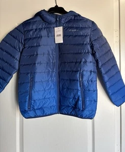 Eddie Bauer Puffer Jacket Youth Large 14 Blue Hooded Duck Down Packable NEW - Picture 1 of 6