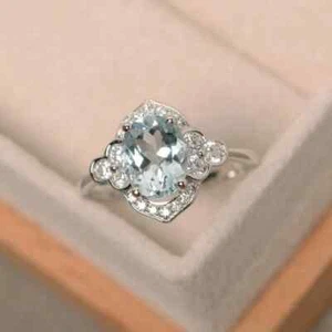 2.20 Ct Oval Cut Natural Aquamarine Diamond Anniversary Ring 14K White Gold - Picture 1 of 6
