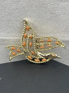 70s Orange Enamel Signed GERRY'S Brooch Peace Dove Gold Tone - Picture 1 of 10