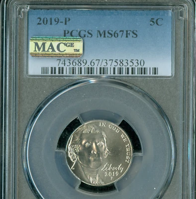 2019 P JEFFERSON NICKEL PCGS MS67 FS PQ MAC SPOTLESS  . - Image 1 of 4