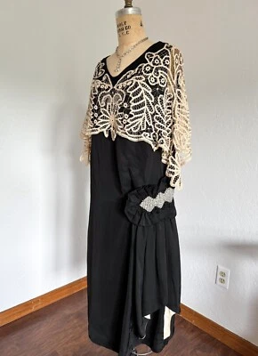 Antique 1920s Silk Dress Handmade Lace Collar Pleated Side Rhinestones 20s Gown - Image 1 of 4