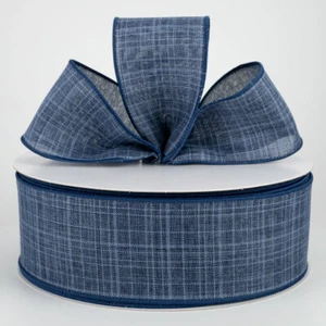 1.5" / 2.5" denim navy blue wired ribbon textured linen 5 yards CHOOSE WIDTH - Picture 1 of 8