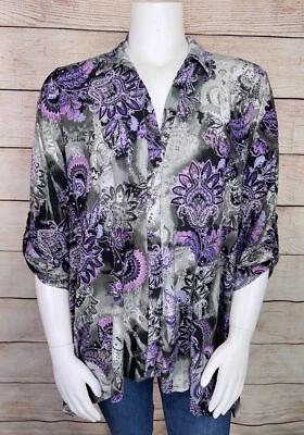 ESSENTIALS Women's 2X Plus Purple Pink Gray Black Paisley Knit Blouse EUC - Image 1 of 3