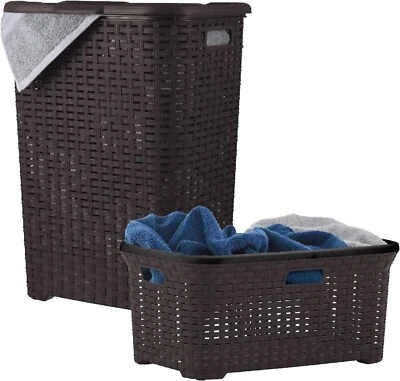 Plastic Wicker 60L Laundry Hamper and 50L Basket with Cutout Handles- Brown - Image 1 of 4