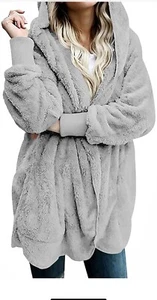 LONGYUAN Women's Hooded Fuzzy Cardigan Fleece Jacket Winter Coat Open Front M - Picture 1 of 5