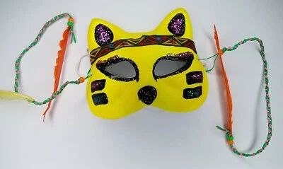 Halloween Cat Mask Paper Mache Yellow Glitter Feathers Elastic Band Indian FC - Image 1 of 4