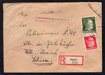 LATVIA WW2 German Occupation 1943 Cover to Austria. Red Cross to Police Station - Image 1 of 2