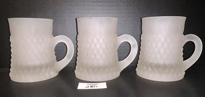 3 Tiara Indiana Glass White Frosted Glass Beer Mugs DIAMOND CUT - Image 1 of 4