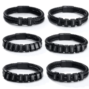 Black Personalized Engraving Name ID Men Braided Leather Bracelet Family Beaded - Picture 1 of 20